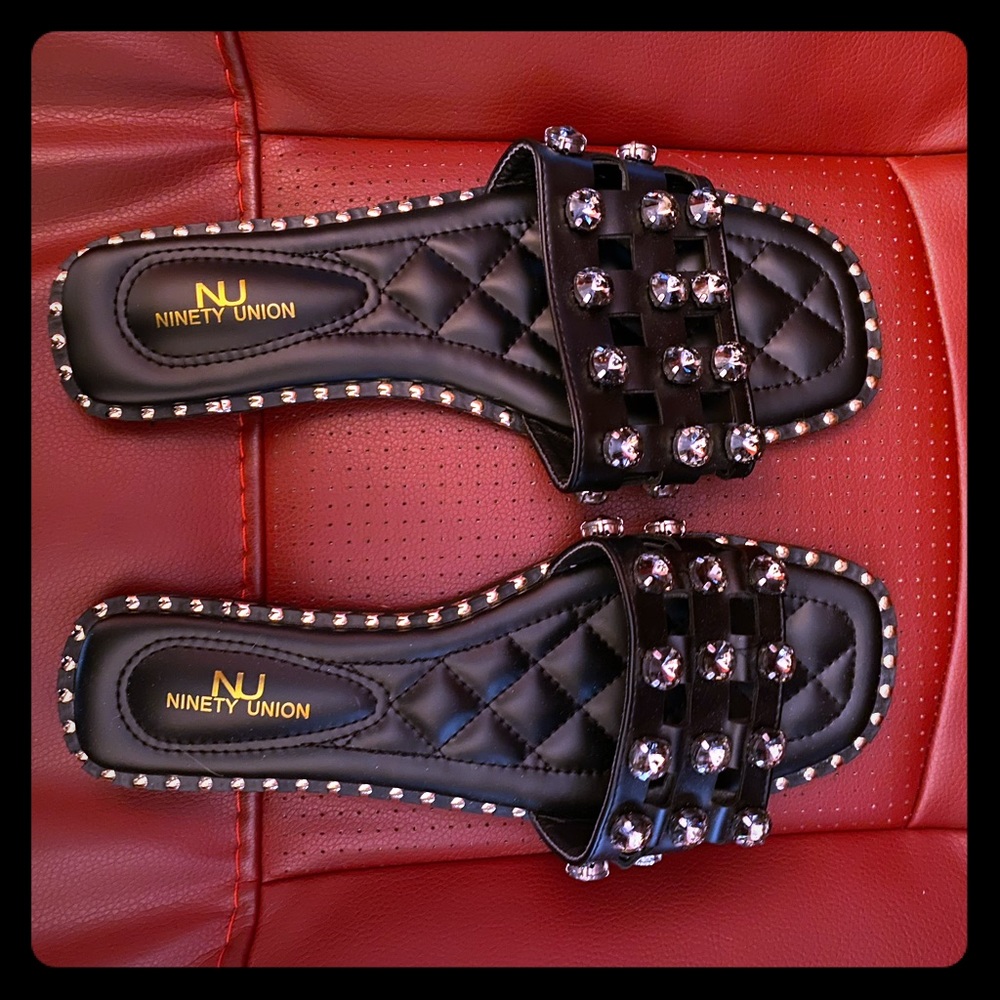 Studded Ninety Union Black Sandals w/Rhinestones Size 9